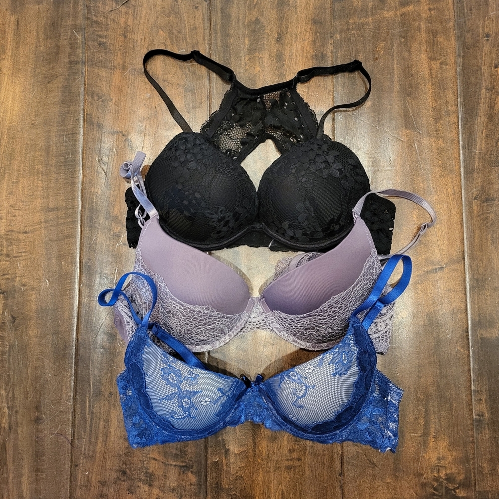 34B Bra Set Black, Gray, and Blue Lace Bras